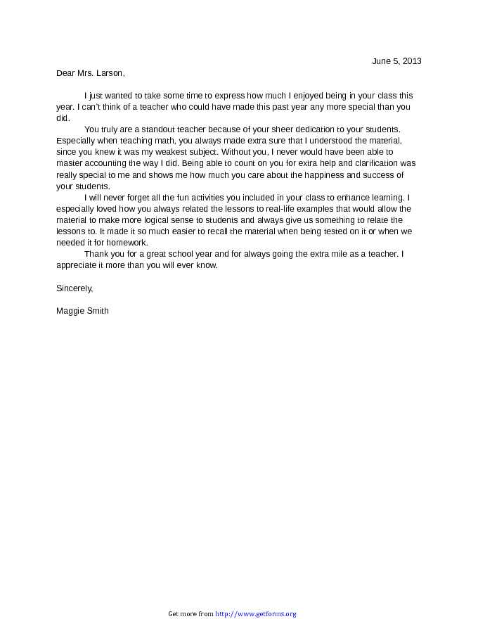 Sample Teacher Appreciation Letter