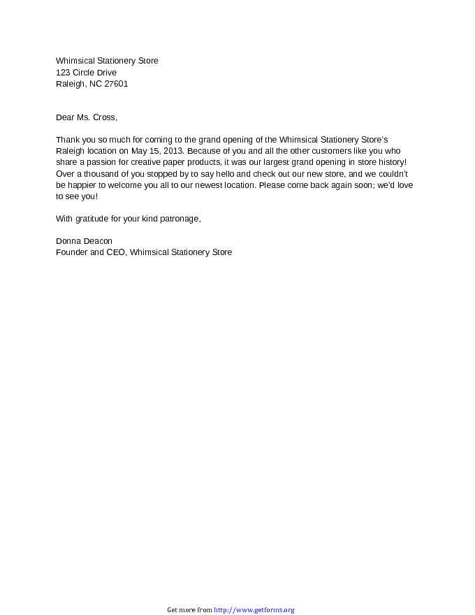 Sample Business Thank You Letter