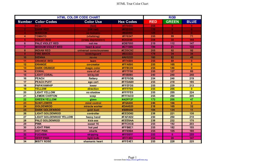 HTML Color Code Chart