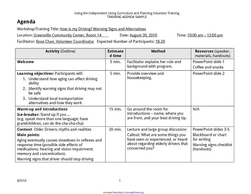 Example of Training Agendas