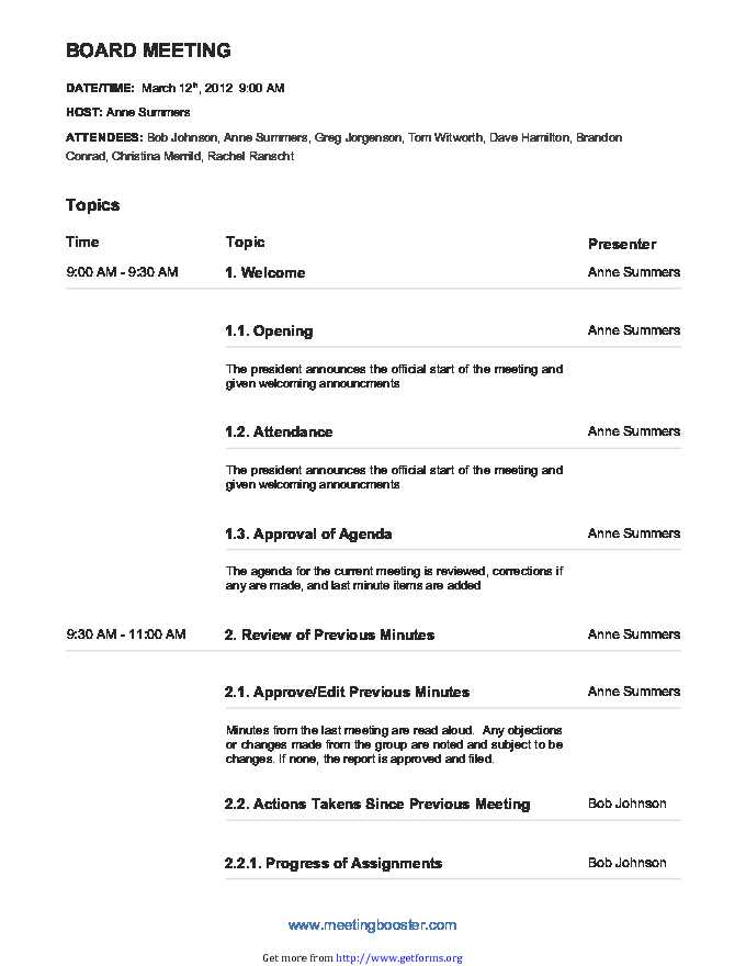 Board Meeting Agenda Template 3