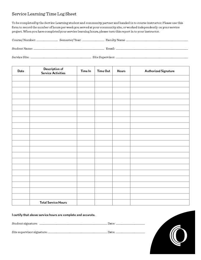 Service Learning Time log Sheet