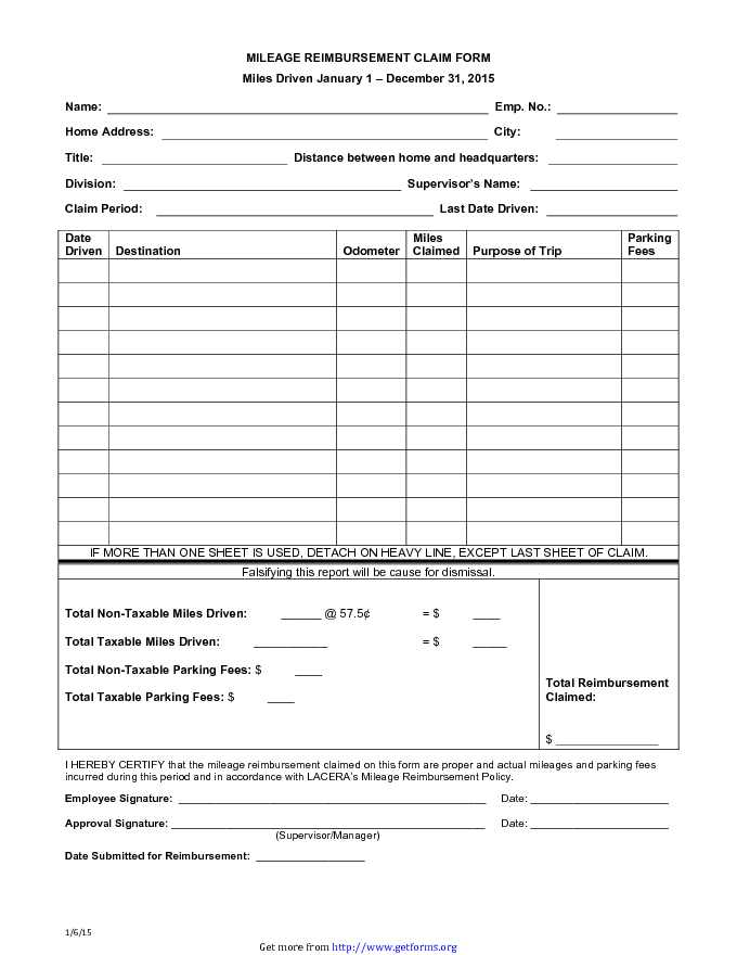 Employee Mileage Reimbursement Form