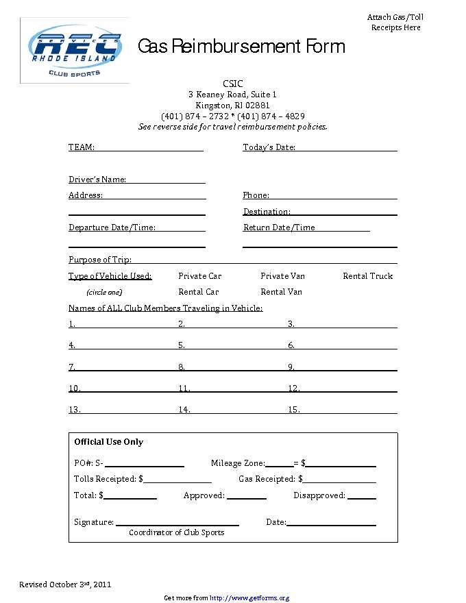 Gas Mileage Reimbursement Form