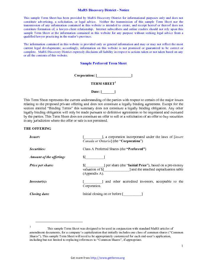 Sample Term Sheet Template