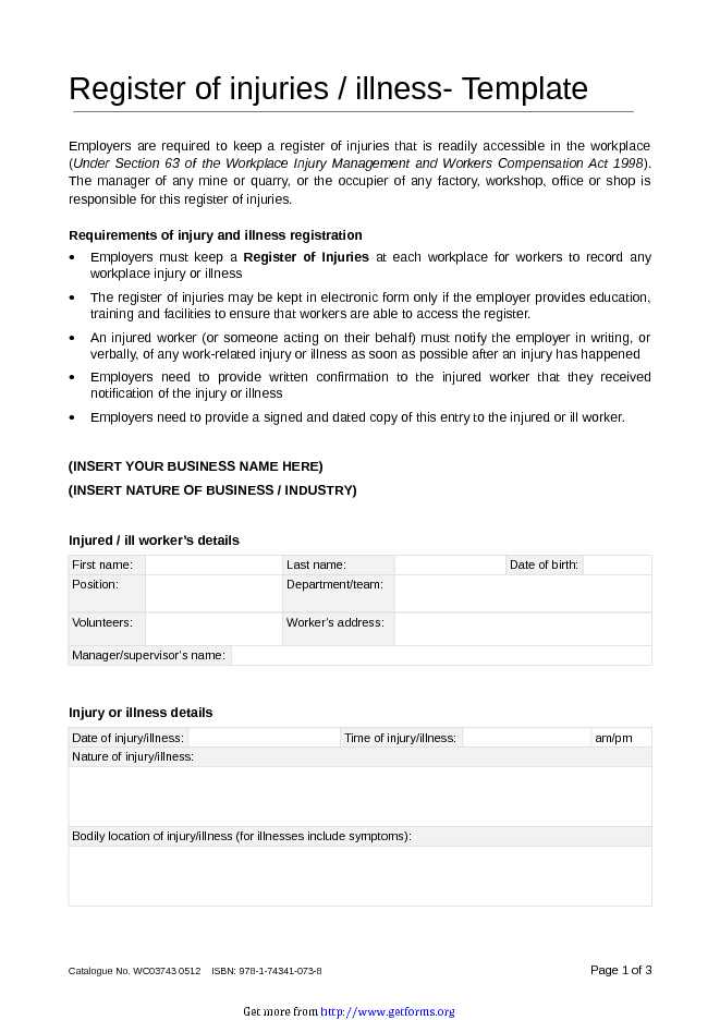 Register of Injuries Illness Template