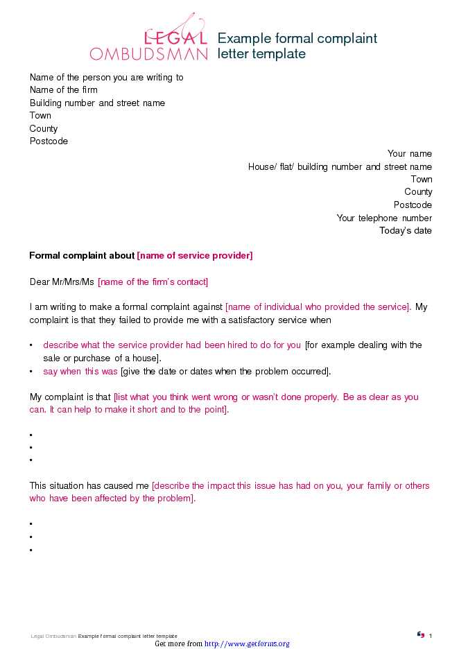 Example Formal Complaint Letter Template