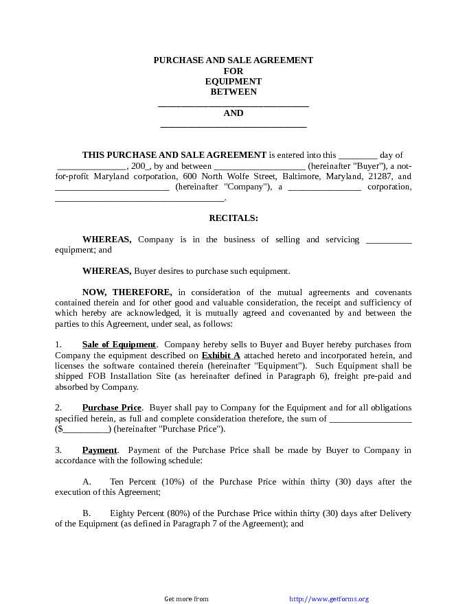 Purchase and Sale Agreement for Equipment