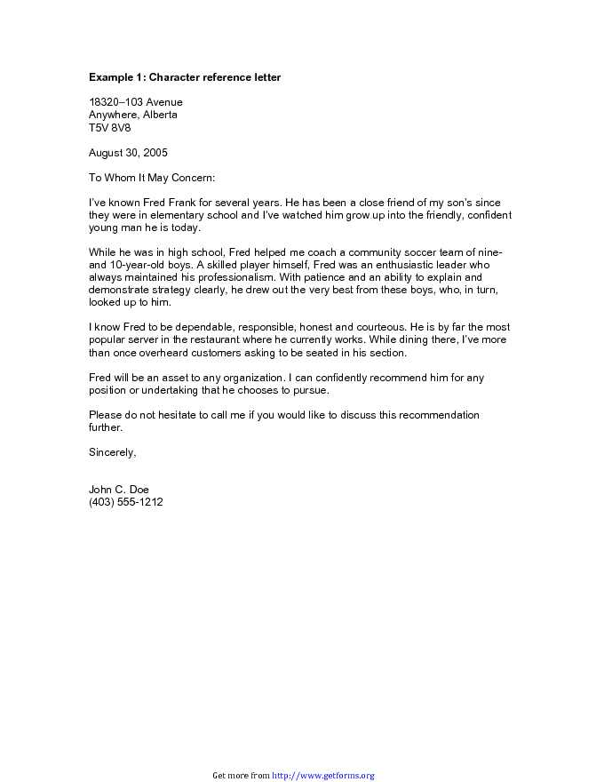 Character Reference Letter Sample