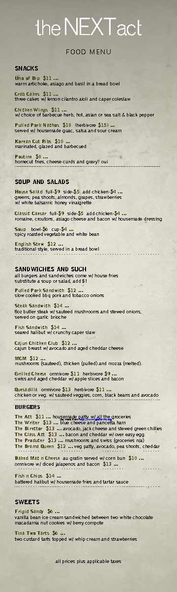 Food Menu - the Next Act Pub