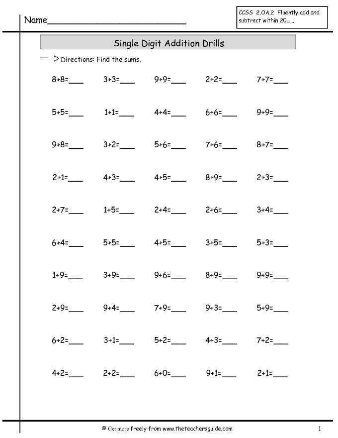 Ingle Digit Addition Drills Worksheet