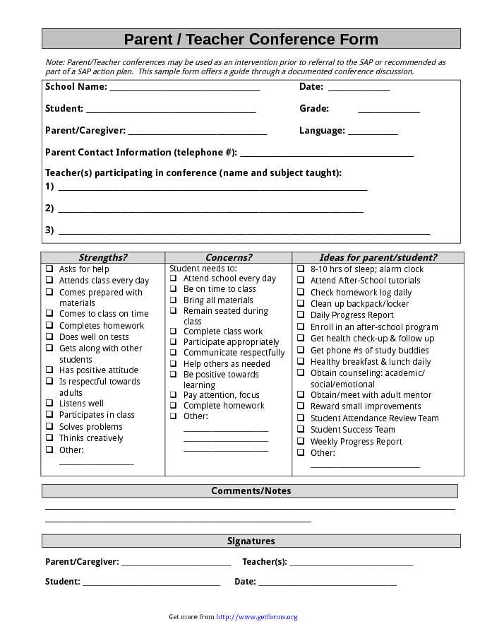 Parent Teacher Conference Form 1