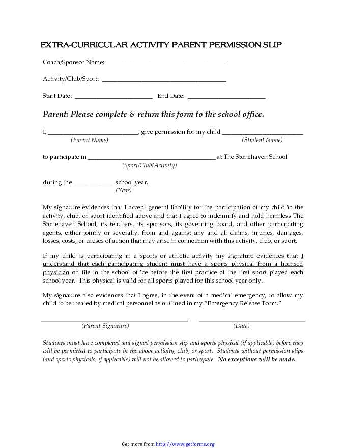 Parent Permission Slip Template