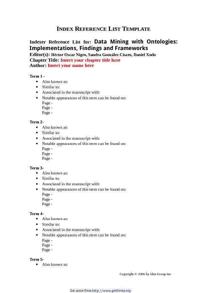 Index Reference List Template