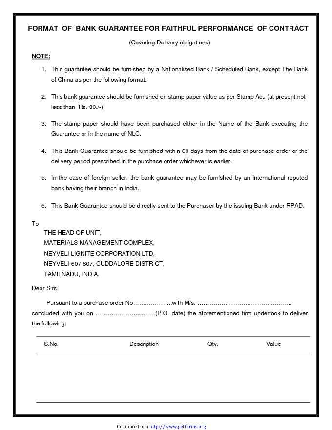 Format of Bank Guarantee for Faithful Performance of Contract