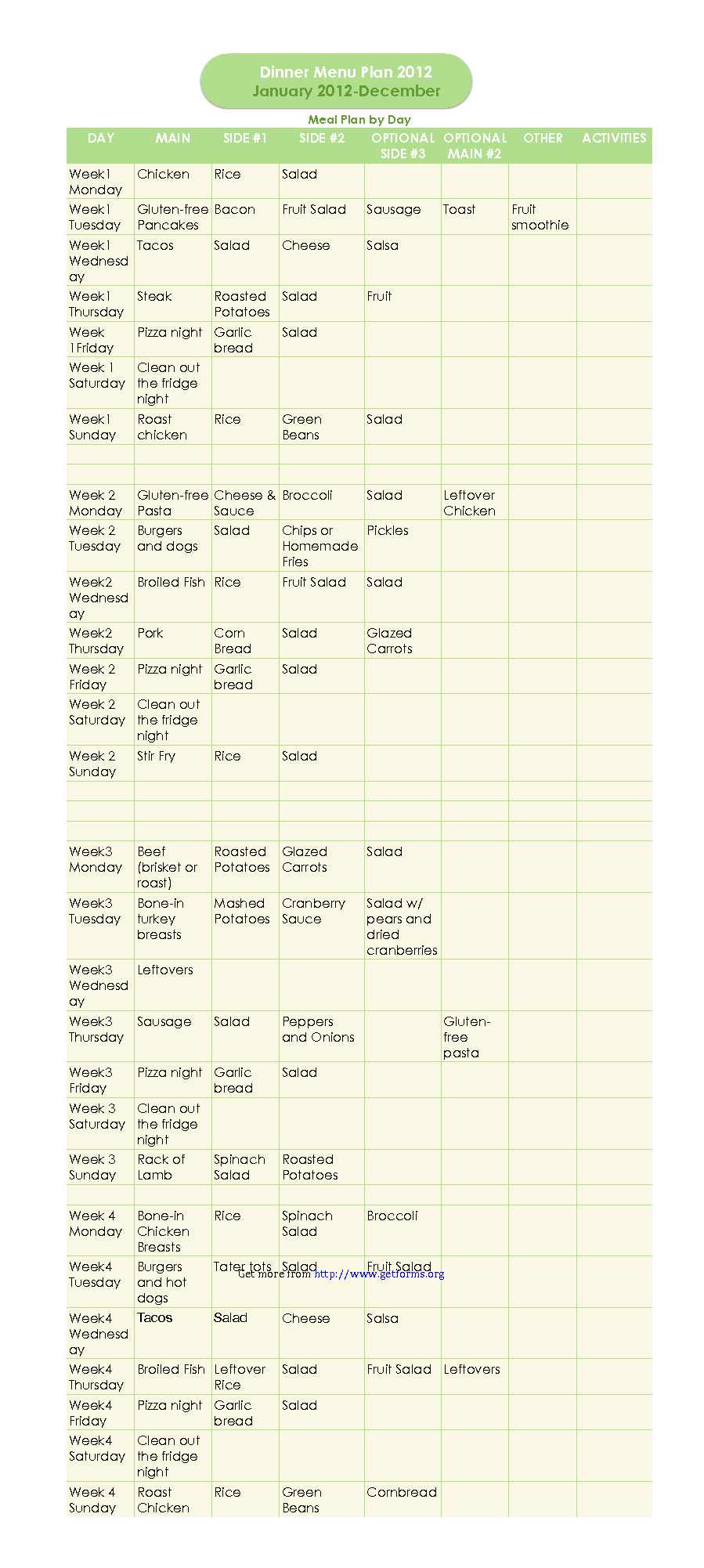 Menu Plan 2012