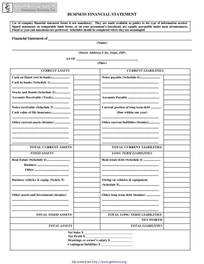 Business Financial Statement Form 2