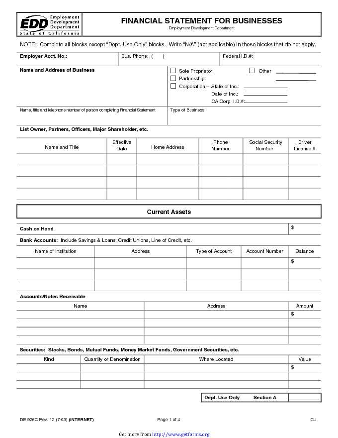 Business Financial Statement Form 3
