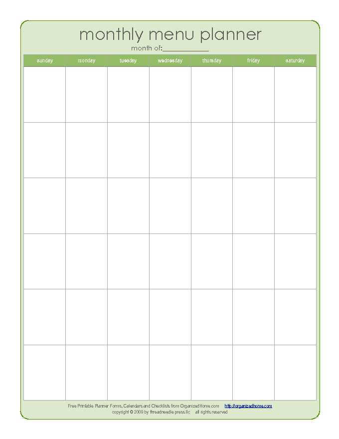 Monthly Menu Planner