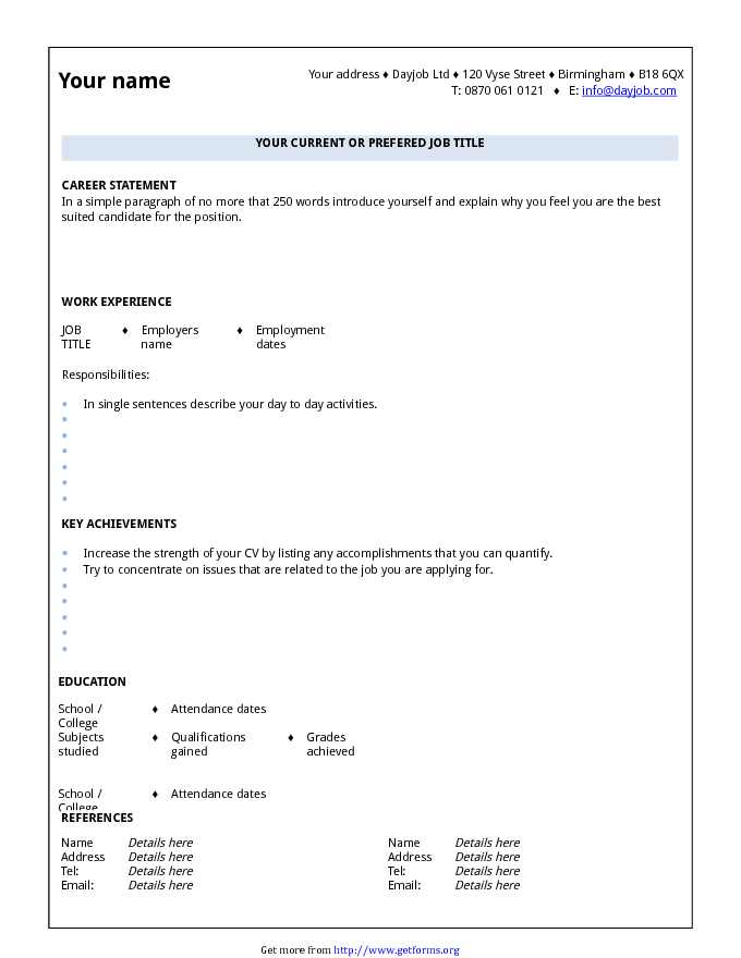 Blank CV Template Example 3