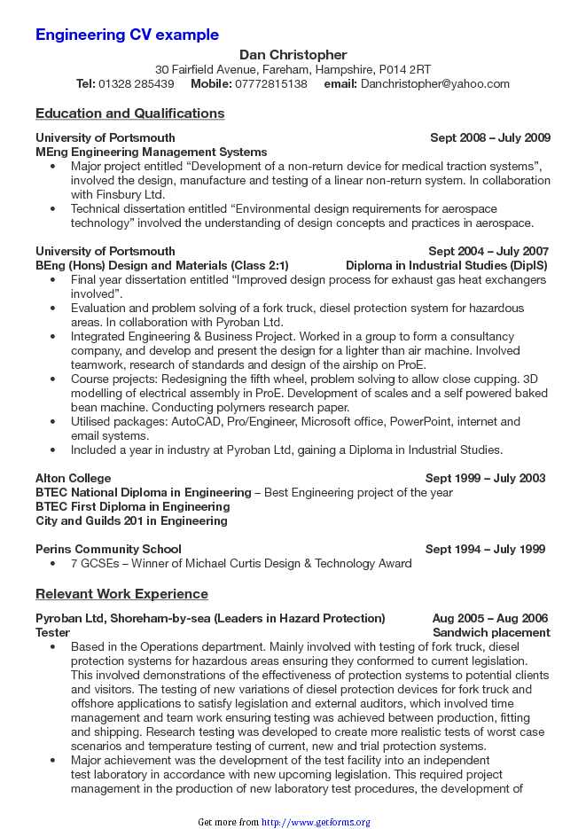 Engineering CV Example