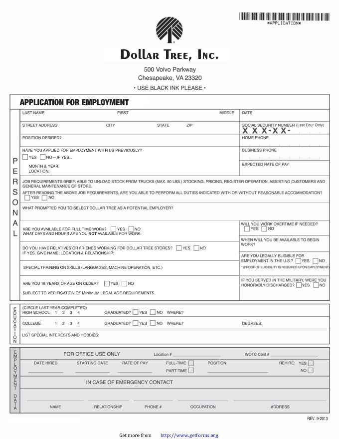 Dollar Tree Employment Application Form
