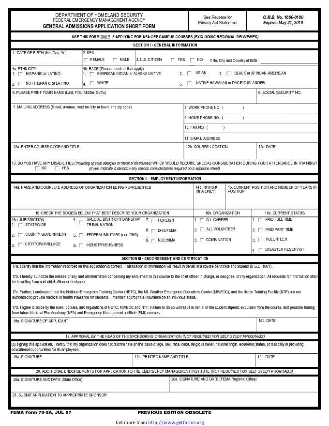 General Admissions Application Short Form