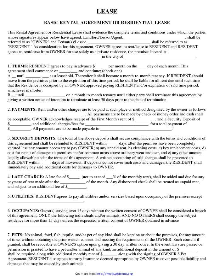 Basic Rental Agreement or Residential Lease