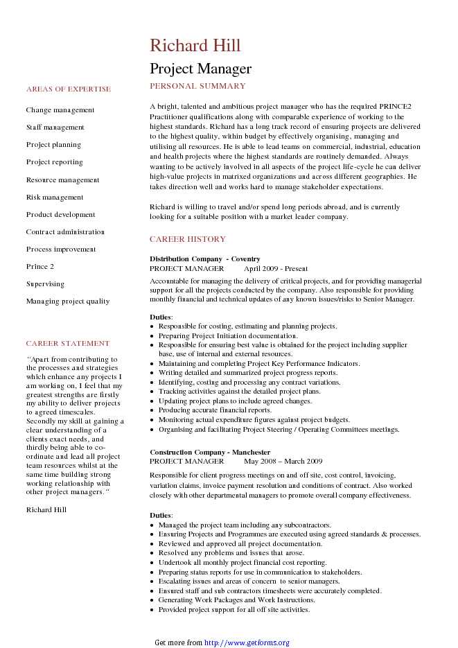 Project Manager CV Example