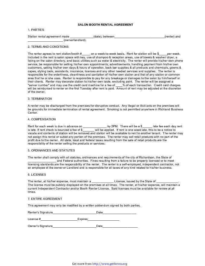 Salon Booth Station Rental Lease Agreement Template