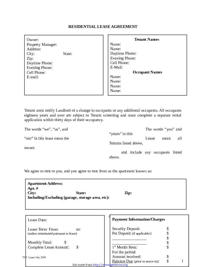 Residential Lease Agreement Form