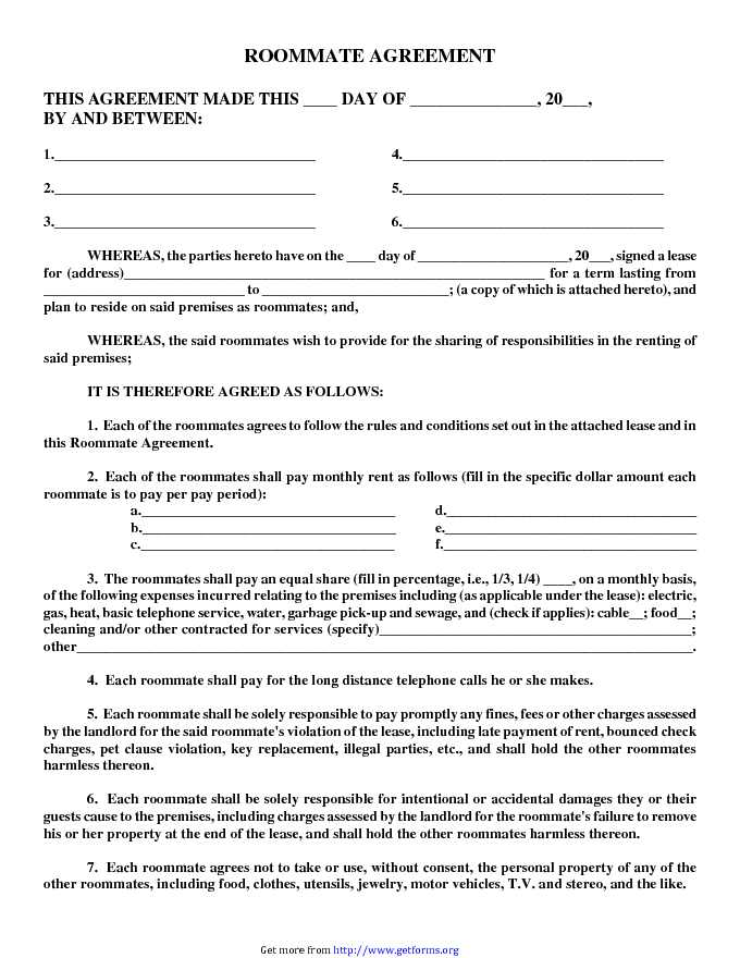 Roommate Agreement Form