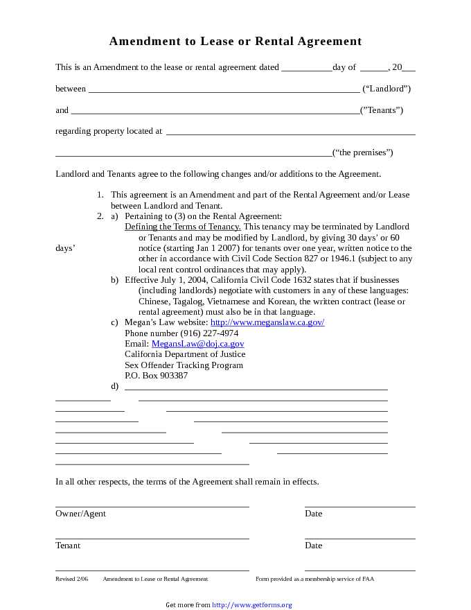 Amendment to Lease or Rental Agreement