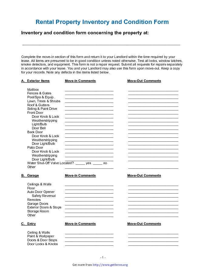 Rental Property Inventory and Condition Form