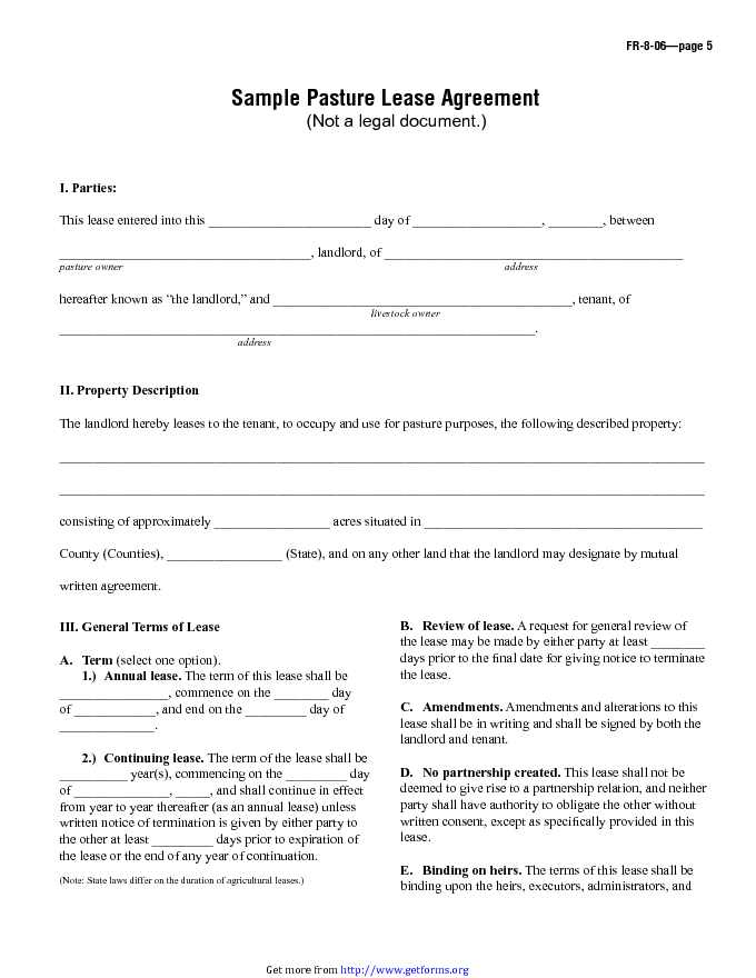 Sample Pasture Lease Agreement