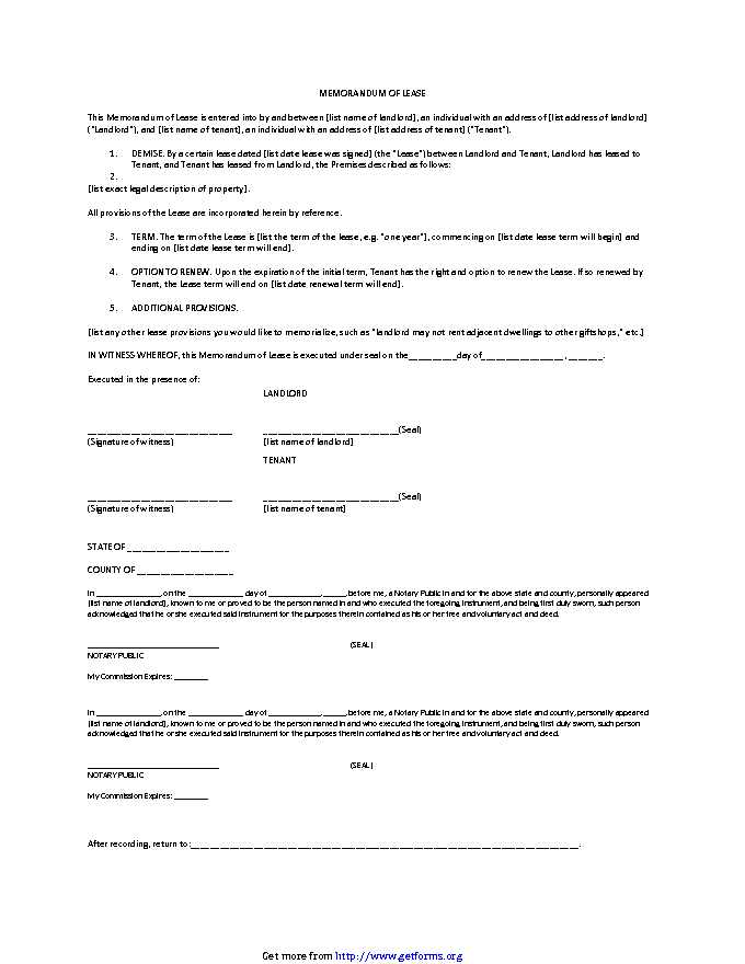 Memorandum of Lease Agreement