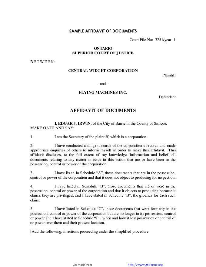 Sample Affidavit of Documents