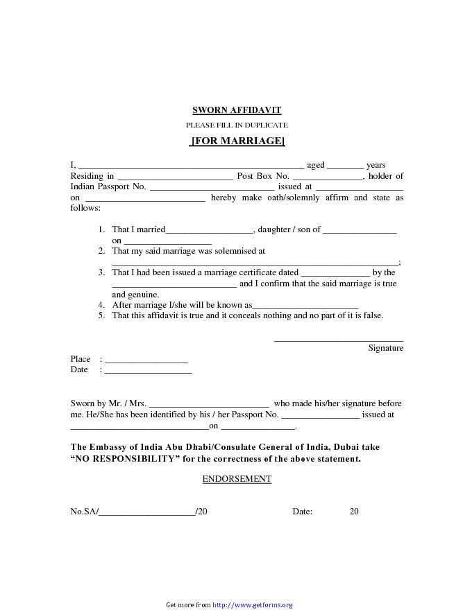 Sworn Affidavit for Marriage