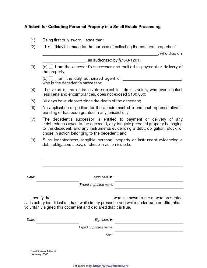 Small Affidavit Estate Form