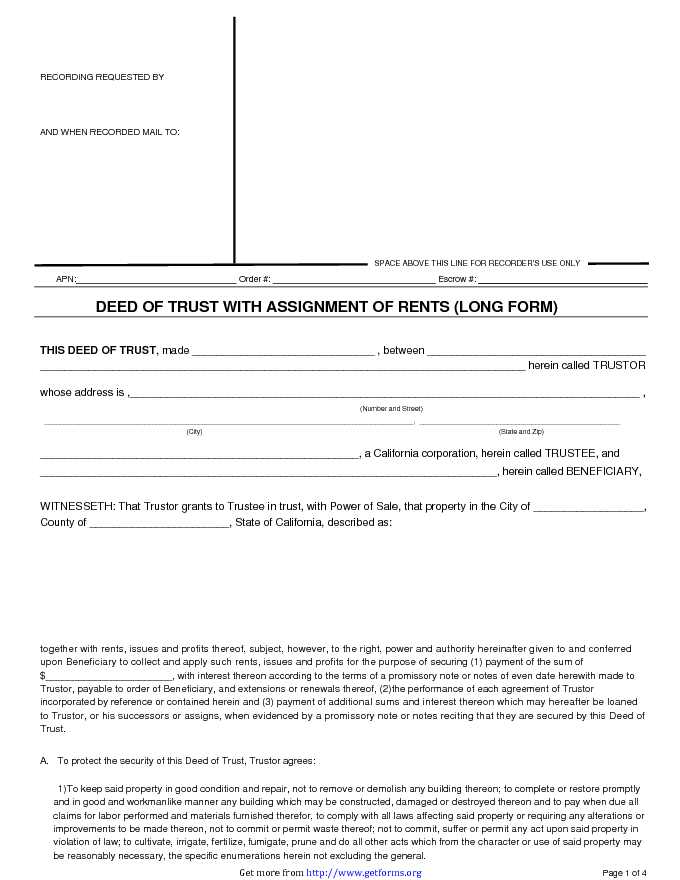 Deed of Trust With Assignment of Rents (Long Form)