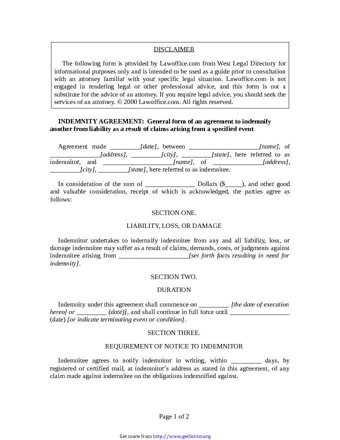 Indemnity Agreement Template