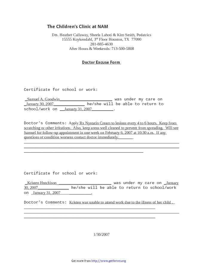 Doctors Note Template 1