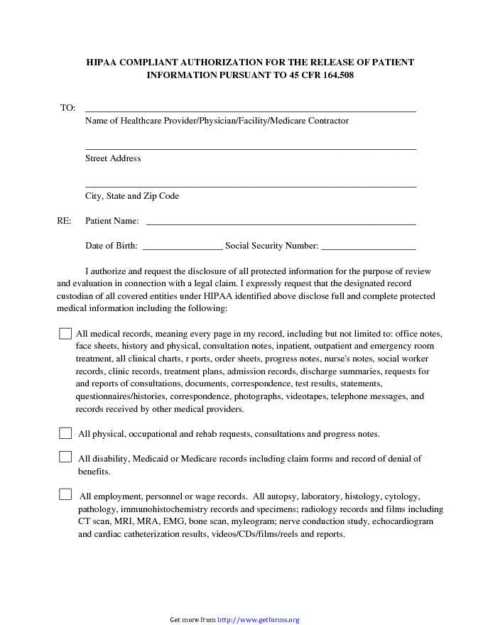 Generic Authorization Medical Release Form
