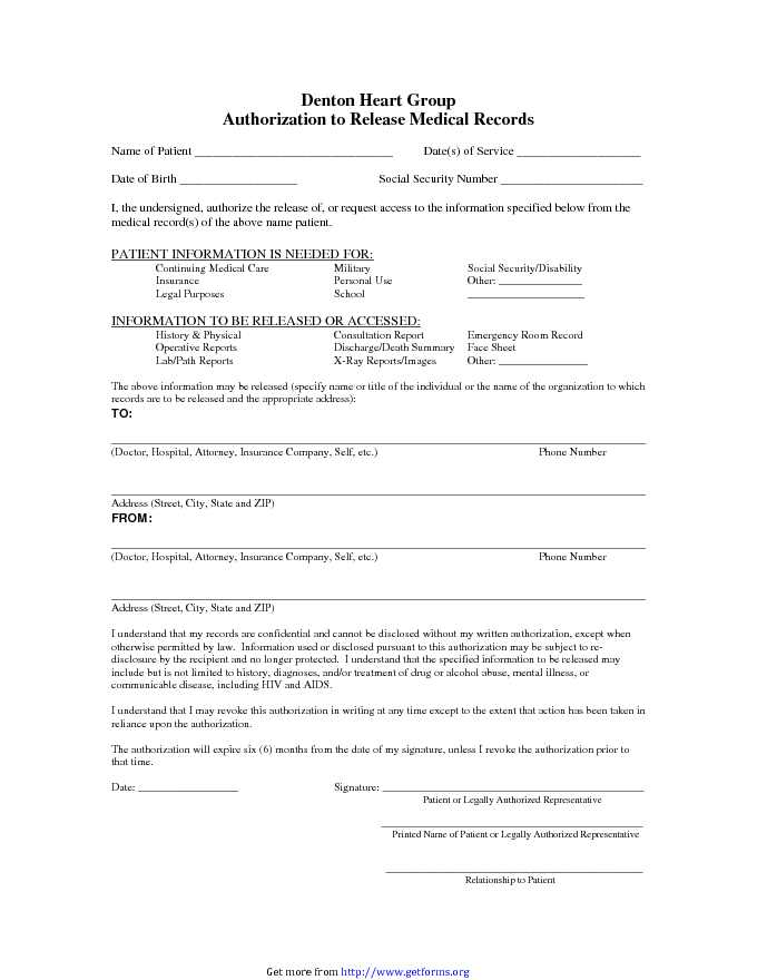 Generic Authorization to Release Medical Records Form