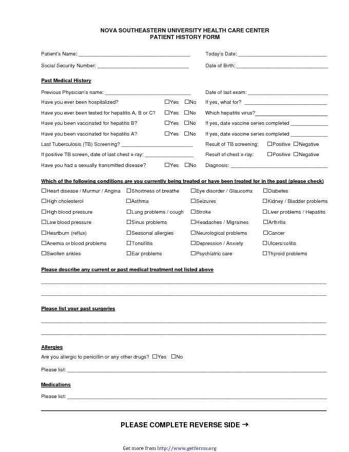 Nova Southeastern University Patient History Form