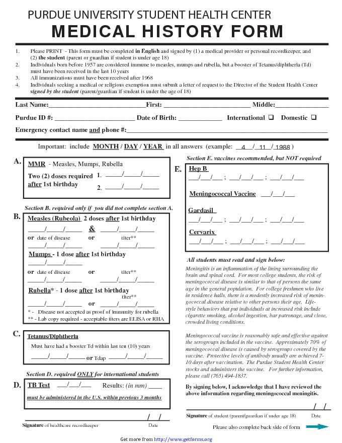 Purdue University Medical History Form