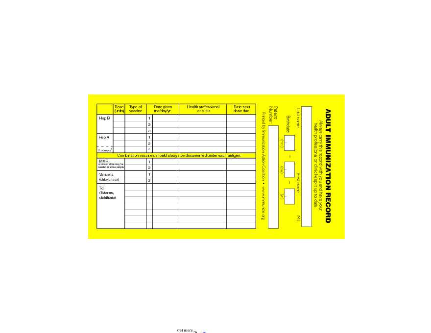 Adult Immunization Record Card