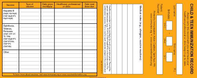 Child and Teen Immunization Record Card