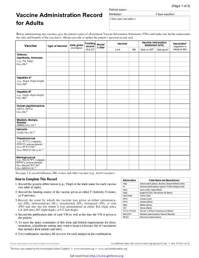 Vaccine Administration Record for Adults