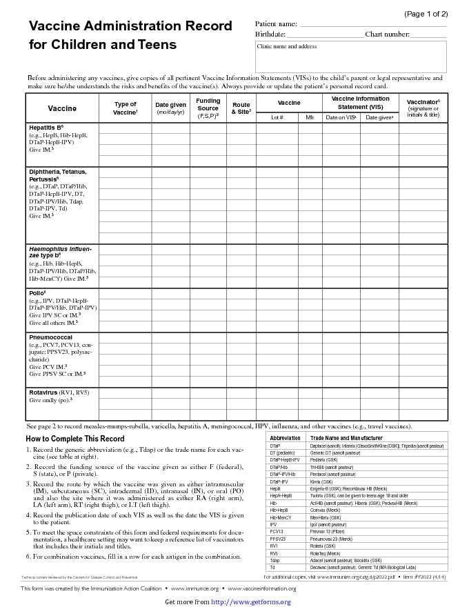 Vaccine Administration Record for Children and Teens